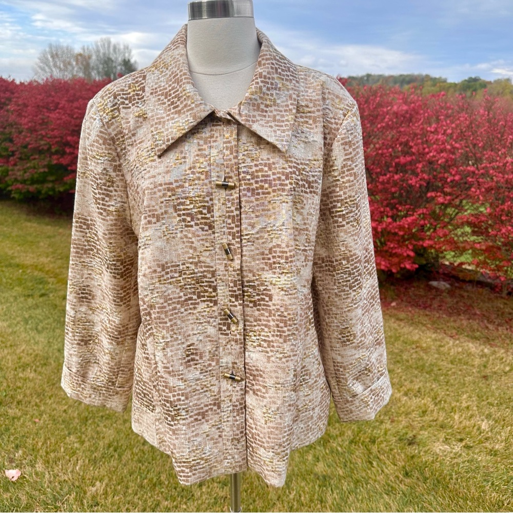 CHICO'S Silk Gold Silver Metallic Blazer Statement Jacket